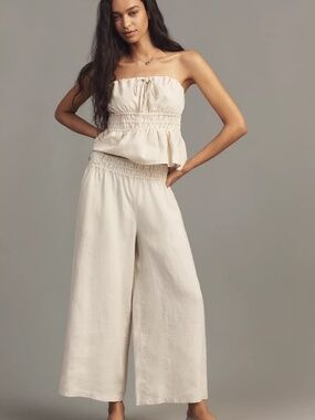 Anthropologie Cream Wide-Leg Smocked Waist Pants